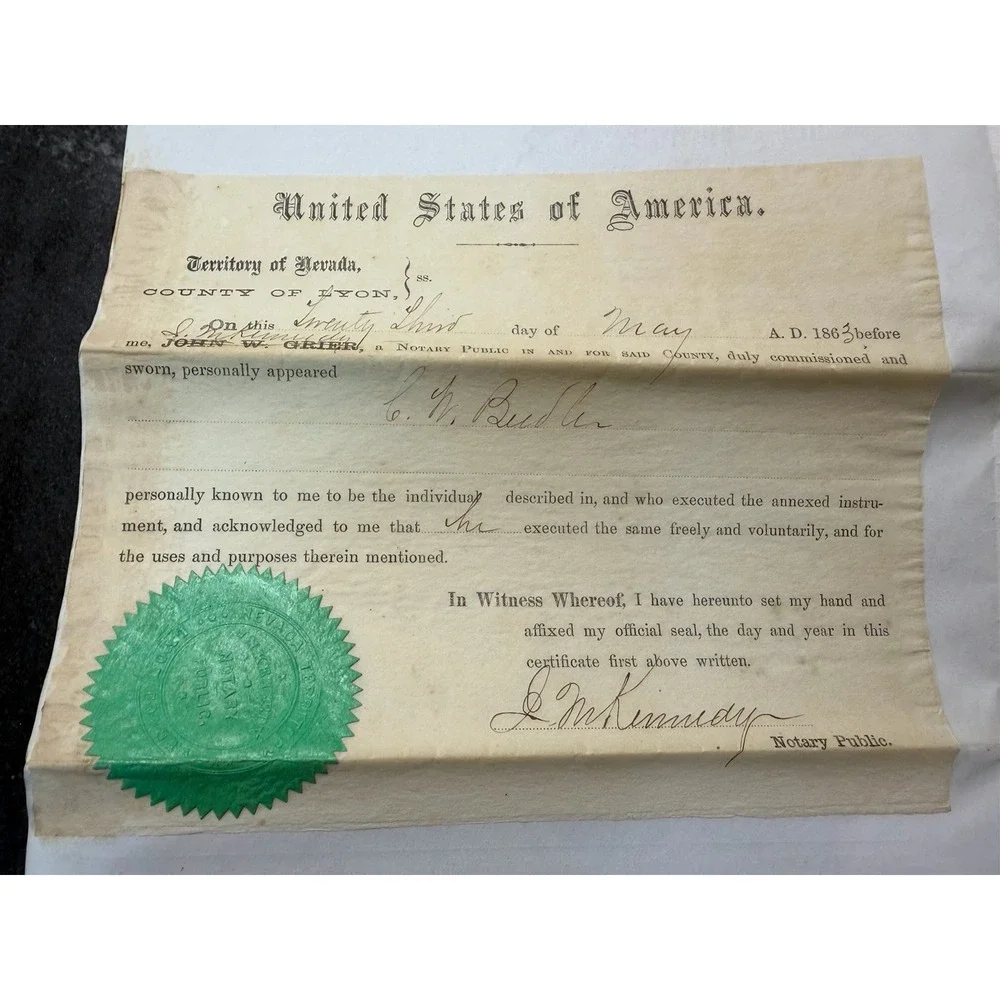 1863 Nevada Territory Mining Claim Deed Silver City Lyon County Notary Seal